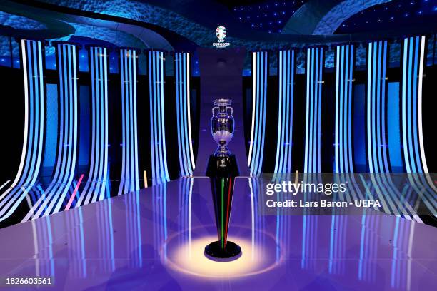 The UEFA EURO 2024 trophy is seen on stage prior to the UEFA EURO 2024 Final Tournament Draw at Elbphilharmonie on December 02, 2023 in Hamburg,...