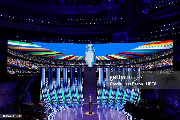 The UEFA EURO 2024 trophy is seen on stage prior to the UEFA EURO 2024 Final Tournament Draw at Elbphilharmonie on December 02, 2023 in Hamburg,...