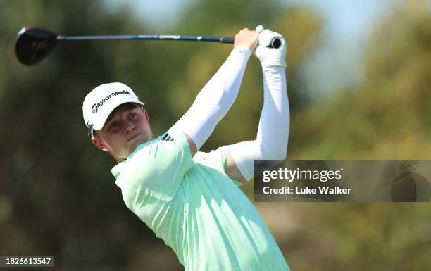 Jayden Schaper of South Africa plays his tee shot on the 18th hole during day three of the Investec South African Open Championship at Blair Atholl...