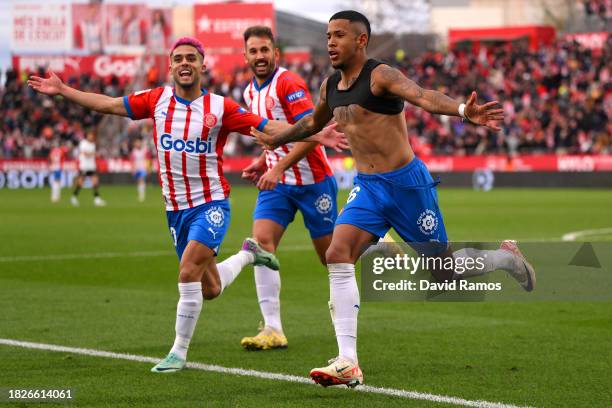 Savio of Girona FC celebrates after scoring the team's third goal which is later disallowed during the LaLiga EA Sports match between Girona FC and...