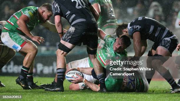 Leicester Tigers' Matthew Rogerson releases the ball after being tackled during the Gallagher Premiership Rugby match between Leicester Tigers and...