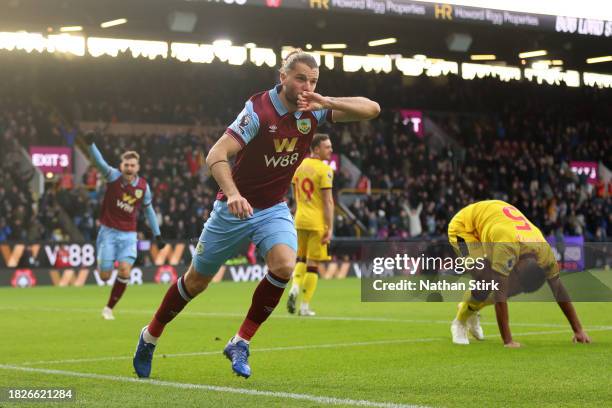 Jay Rodriguez of Burnley celebrates after scoring the team's first goal during the Premier League match between Burnley FC and Sheffield United at...