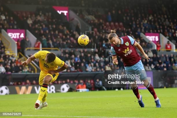 Jay Rodriguez of Burnley scores the team's first goal during the Premier League match between Burnley FC and Sheffield United at Turf Moor on...