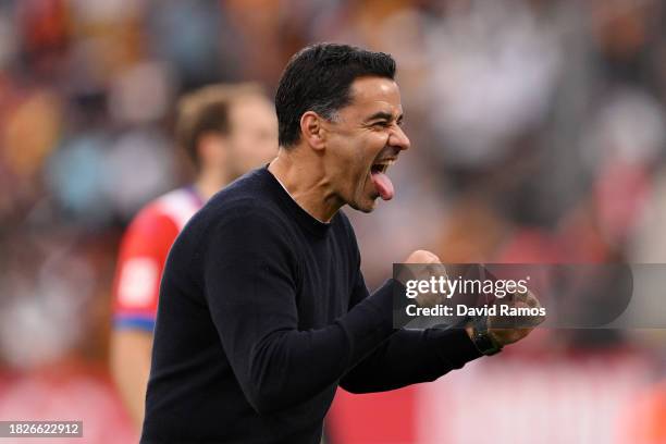 Michel, Head Coach of Girona FC, celebrates after the team's victory in the LaLiga EA Sports match between Girona FC and Valencia CF at Montilivi...