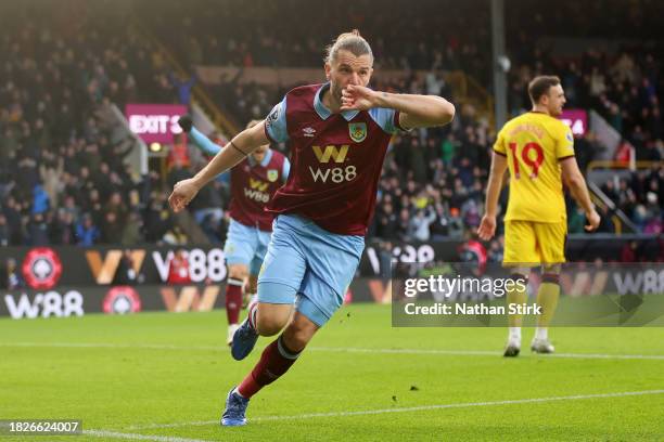 Jay Rodriguez of Burnley celebrates after scoring the team's first goal during the Premier League match between Burnley FC and Sheffield United at...