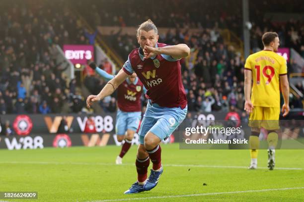 Jay Rodriguez of Burnley celebrates after scoring the team's first goal during the Premier League match between Burnley FC and Sheffield United at...