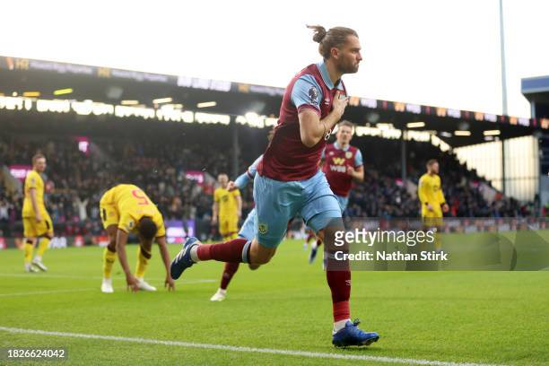 Jay Rodriguez of Burnley celebrates after scoring the team's first goal during the Premier League match between Burnley FC and Sheffield United at...