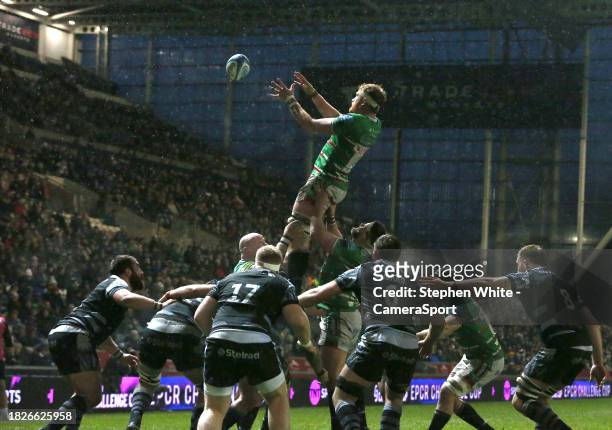 Leicester Tigers' Ollie Chessum wins a line-out ball during the Gallagher Premiership Rugby match between Leicester Tigers and Newcastle Falcons at...