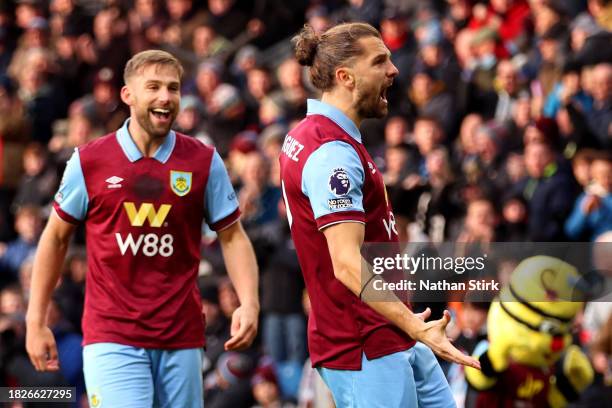 Jay Rodriguez of Burnley celebrates after scoring the team's first goal during the Premier League match between Burnley FC and Sheffield United at...