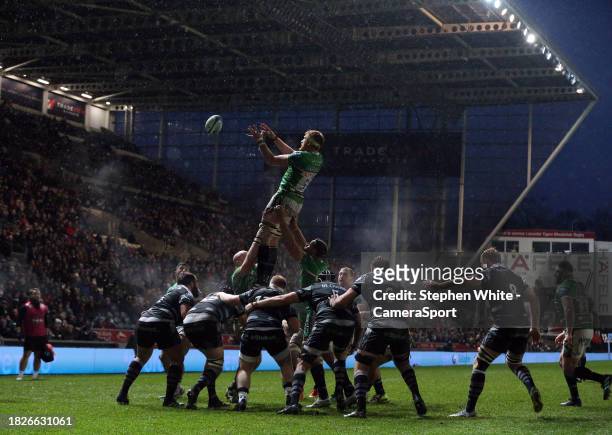 Leicester Tigers' Ollie Chessum wins a line-out ball during the Gallagher Premiership Rugby match between Leicester Tigers and Newcastle Falcons at...