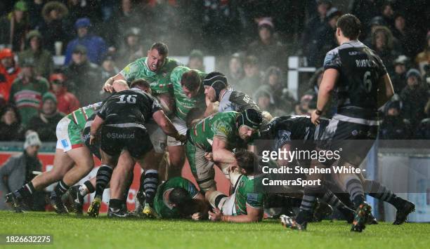 The Leicester Tigers' pack push towards the line during the Gallagher Premiership Rugby match between Leicester Tigers and Newcastle Falcons at...
