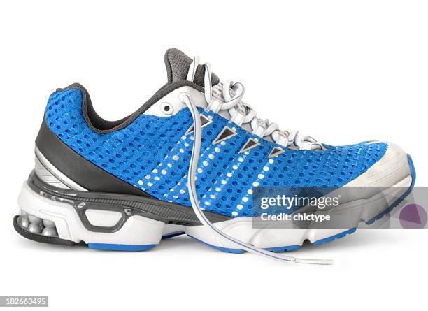 men's blue, white, black, and gray running sneaker - sportschoen stockfoto's en -beelden