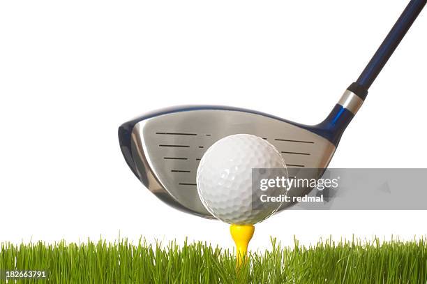 a closeup of a tee off with a white background - golf swing on white stock pictures, royalty-free photos & images