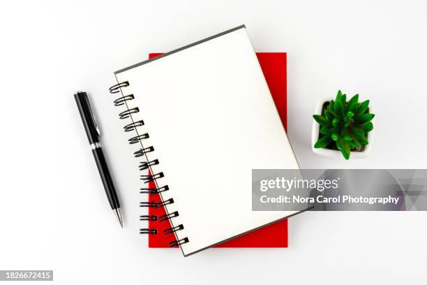 notepad, pen and potted plant on white background - open spiral notebook on desk stock pictures, royalty-free photos & images