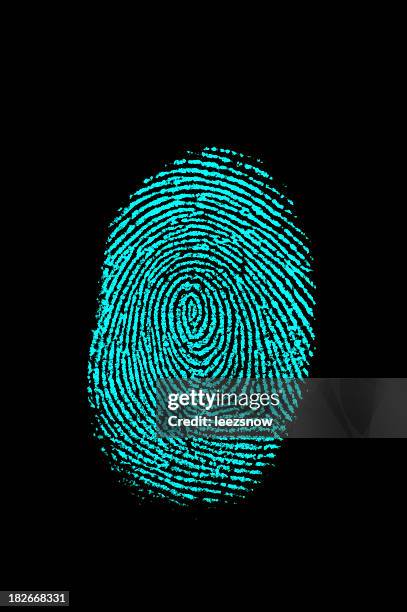 aqua blue fingerprint on black - biometrics stockfoto's en -beelden