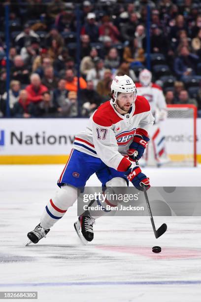 Josh Anderson of the Montreal Canadiens skates with the puck during the second period of a game against the Columbus Blue Jackets at Nationwide Arena...