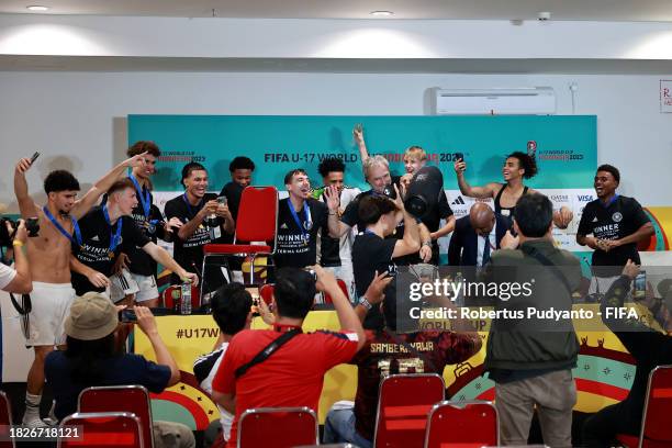 Players of Germany crash a speaks to the media in the post match press conference conference following the FIFA U-17 World Cup Final match between...