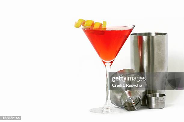 alcohol- red martini and shaker - cocktail shaker stock pictures, royalty-free photos & images