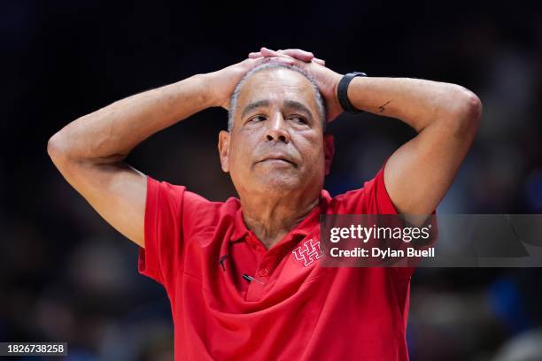 Head coach Kelvin Sampson of the Houston Cougars reacts in the second half against the Xavier Musketeers at the Cintas Center on December 01, 2023 in...