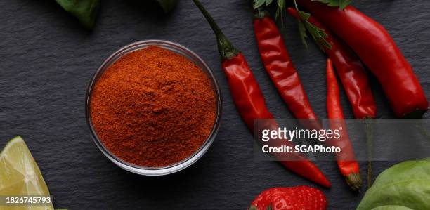 red chilli peppers and powder - chilli powder imagens e fotografias de stock