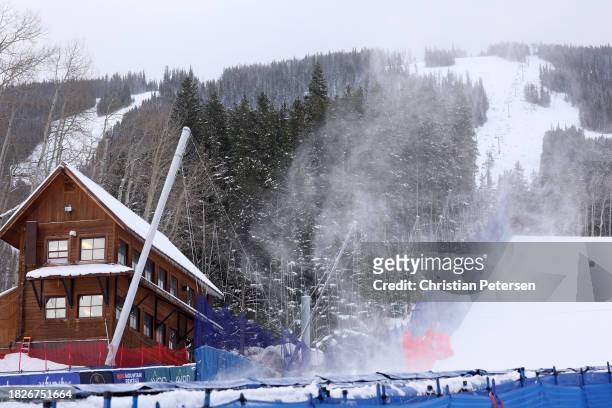 Wind blows up snow at the finish area for the Audi FIS Alpine Ski World Cup Men's Downhill at Beaver Creek Resort on December 02, 2023 in Beaver...