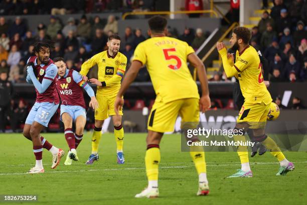 Josh Brownhill of Burnley scores the team's fifth goal during the Premier League match between Burnley FC and Sheffield United at Turf Moor on...