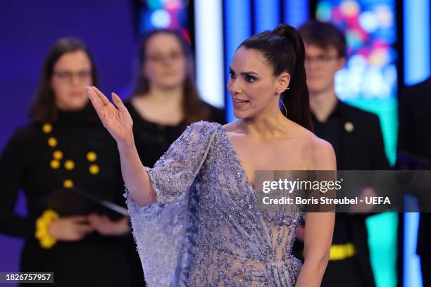 Presenter Esther Sedlaczek reacts during the UEFA EURO 2024 Final Tournament Draw at Elbphilharmonie on December 02, 2023 in Hamburg, Germany.