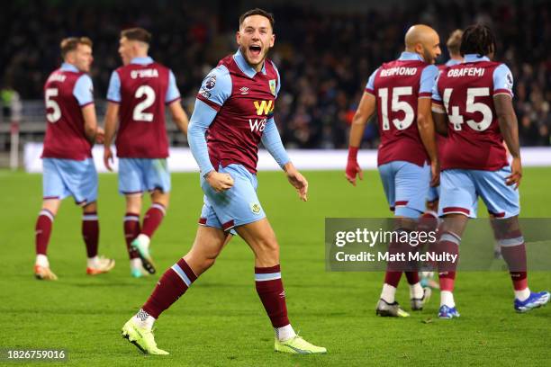 Josh Brownhill of Burnley celebrates after scoring the team's fifth goal during the Premier League match between Burnley FC and Sheffield United at...