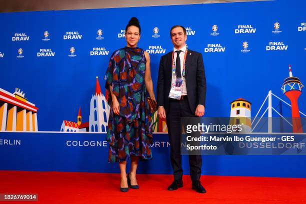 Former Footballers, Celia Sasic and Philipp Lahm arrive prior to the UEFA EURO 2024 Final Tournament Draw at Elbphilharmonie on December 02, 2023 in...