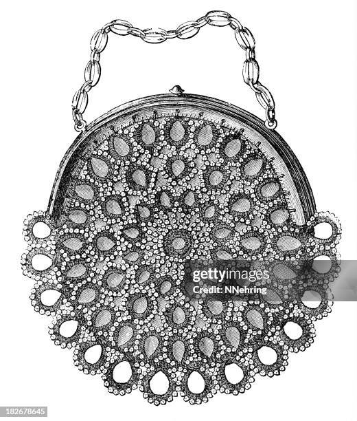 tatted and beaded purse engraving - handbag stock illustrations