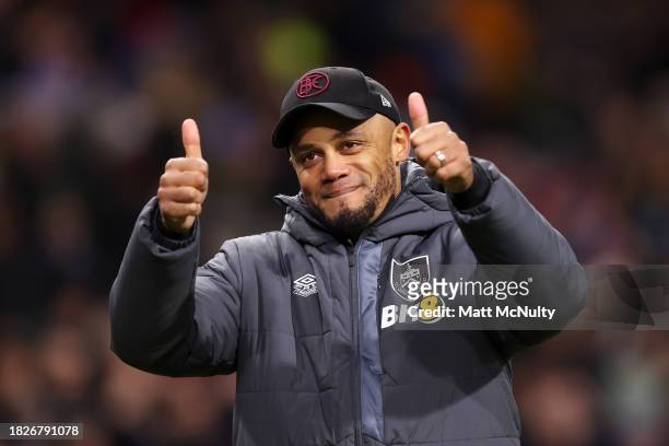 Vincent Kompany, Manager of Burnley, celebrates after the team's victory in the Premier League match between Burnley FC and Sheffield United at Turf...