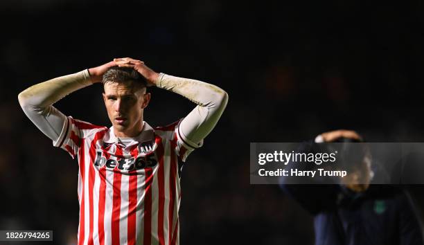 Ciaran Clark of Stoke City cuts a dejected figure following the Sky Bet Championship match between Plymouth Argyle and Stoke City at Home Park on...