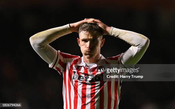Ciaran Clark of Stoke City cuts a dejected figure following the Sky Bet Championship match between Plymouth Argyle and Stoke City at Home Park on...