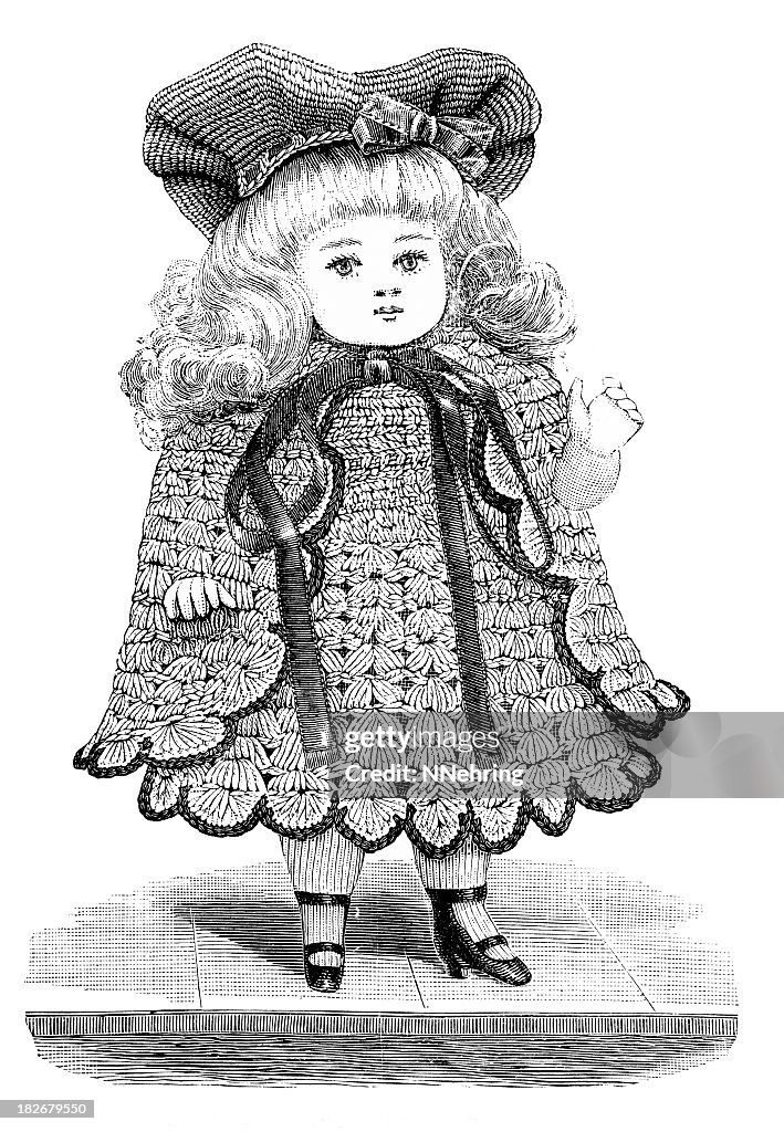 Engraving of Victorian doll wearing crocheted dress
