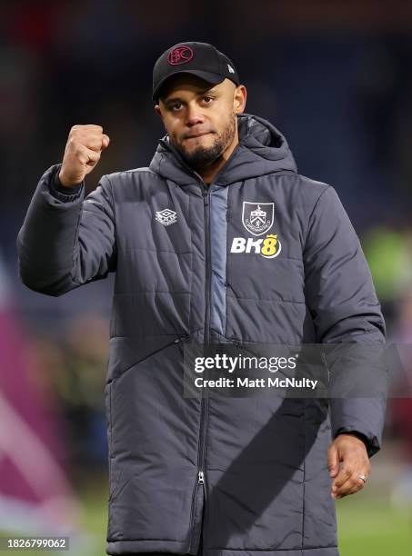 Vincent Kompany, Manager of Burnley, celebrates after the team's victory in the Premier League match between Burnley FC and Sheffield United at Turf...