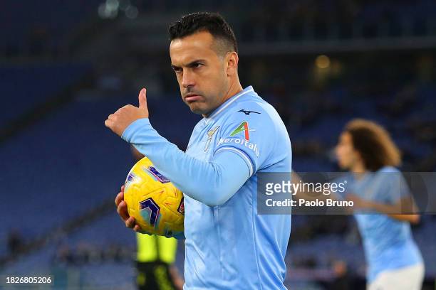 Pedro of SS Lazio celebrates after scoring the team's first goal during the Serie A TIM match between SS Lazio and Cagliari Calcio at Stadio Olimpico...