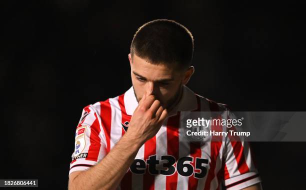 Lyndon Gooch of Stoke City cuts a dejected figure following the Sky Bet Championship match between Plymouth Argyle and Stoke City at Home Park on...