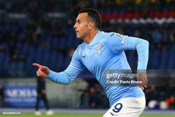 Pedro of SS Lazio celebrates after scoring the team's first goal during the Serie A TIM match between SS Lazio and Cagliari Calcio at Stadio Olimpico...