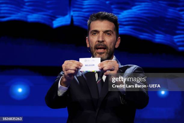 Special guest Gianluigi Buffon​ pulls out the card of Belgium during the UEFA EURO 2024 Final Tournament Draw at Elbphilharmonie on December 02, 2023...
