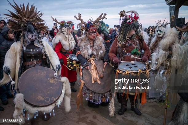 Participants parade through the streets during the annual Whitby Krampus run on December 02, 2023 in Whitby, England. The Whitby Krampus Run is a...