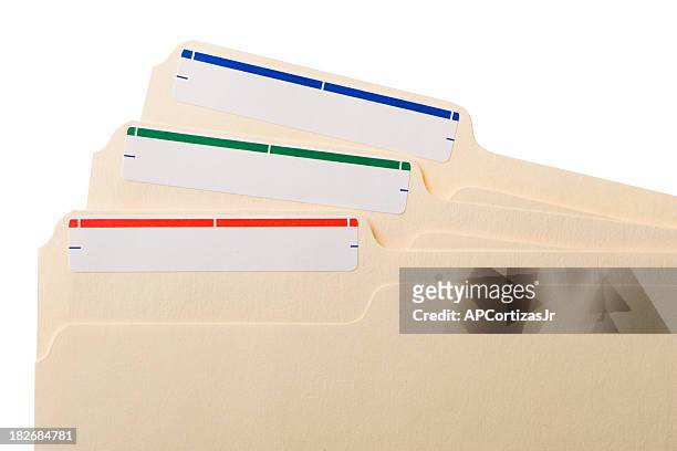 three manila folders with colored labels - folder stock pictures, royalty-free photos & images
