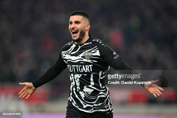 Deniz Undav of VfB Stuttgart celebrates after scoring the team's first goal during the Bundesliga match between VfB Stuttgart and SV Werder Bremen at...