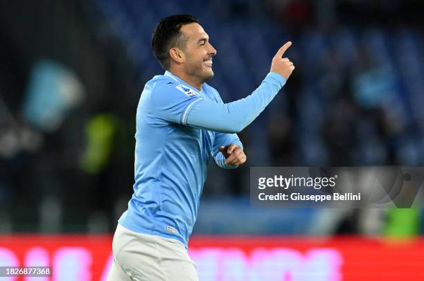 Pedro Rodriguez of SS Lazio celebrates after scoring opening goal during the Serie A TIM match between SS Lazio and Cagliari Calcio at Stadio...