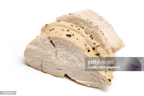 sliced cooked chicken breast against white - cooked chicken stock pictures, royalty-free photos & images