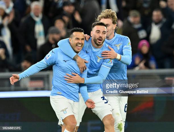 Pedro Rodriguez of SS Lazio celebrates with his teammates after scoring opening goal during the Serie A TIM match between SS Lazio and Cagliari...