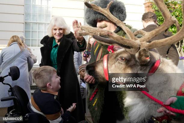 Britain's Queen Camilla strokes a reindeer after she invited children, supported by Helen & Douglas House and Roald Dahl's Marvellous Children's...