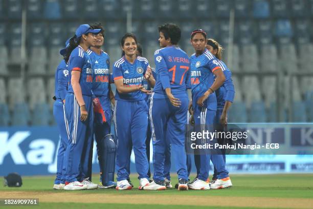 Renuka Singh Thakur of India celebrates the wicket of Alice Capsey of England during the 1st T20 International match between India Women and England...