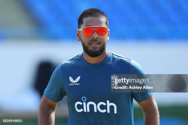 Rehan Ahmed of England takes part in a Nets and Training session ahead of the first ODI during CG United One Day International series at Sir Vivian...