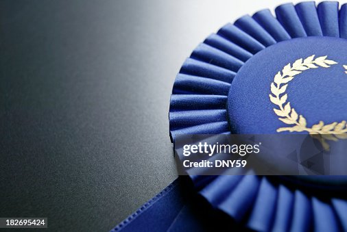 Blue ribbon rosette auf dunkel graue Schloss Hintergrund Blue ribbon rosette auf dunkel graue Schloss Hintergrund