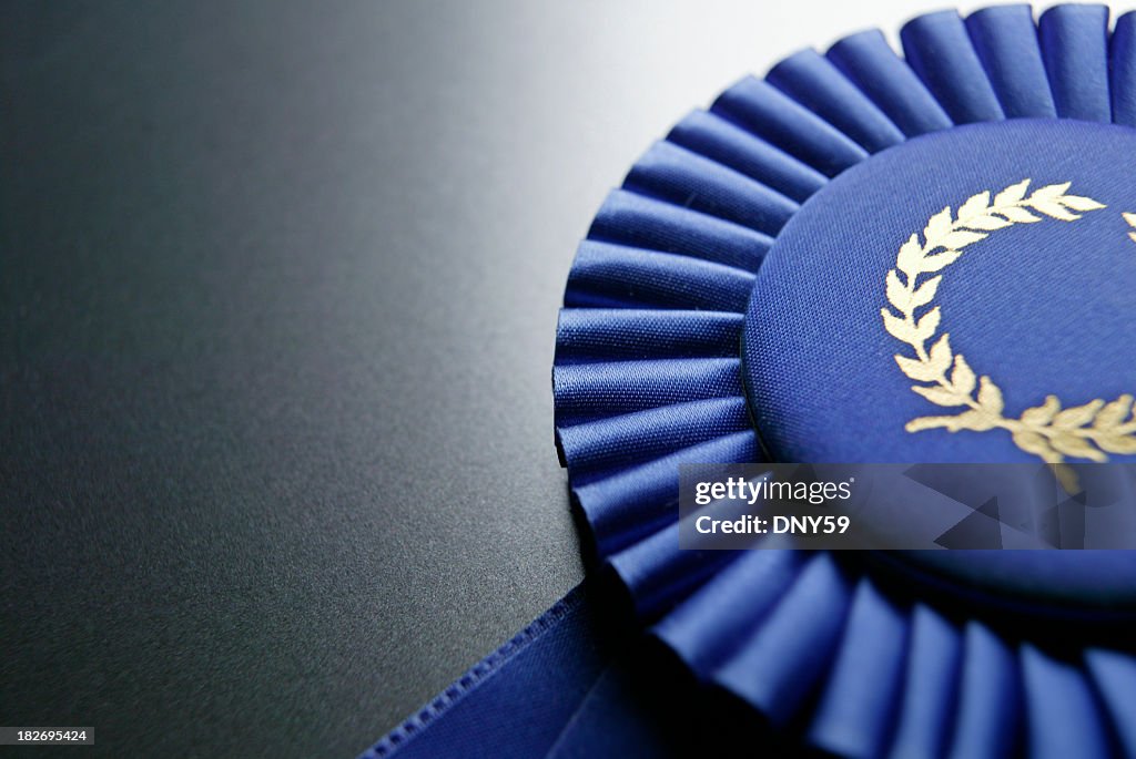 Blue ribbon rosette on dark gray graduated background